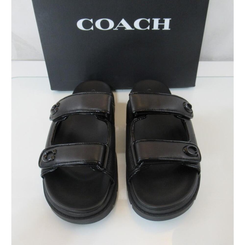 Coach Size 8 Sculpted C Leather Double Strap Band Slide Sandals Flat Heel Black - Picture 4 of 8